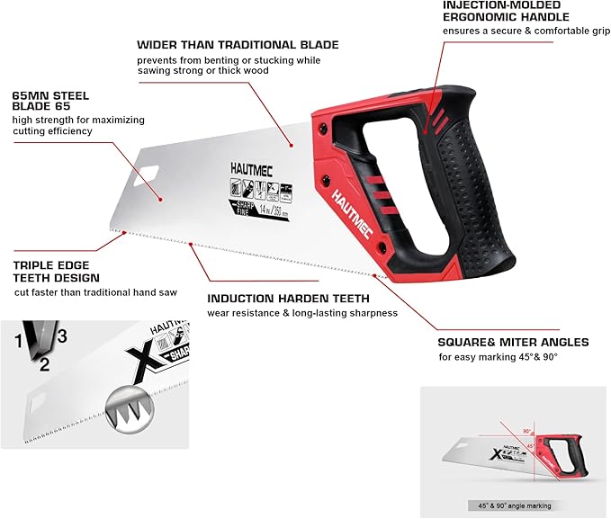 HAUTMEC 14-Inch X-Sharp Pro Hand Saw, Universal Wood Saw with 12 TPI Triple Ground Teeth, Thickened Carbon Steel Blade & Ergonomic Handle, Multi-Use Handsaw for Wood, Plastic, Drywall, PVC – HT0295