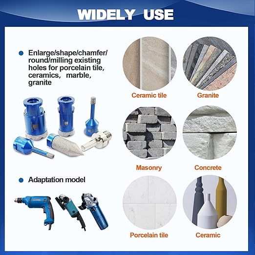 Tile Hole Saw Kit - BRSCHNITT Diamond Core Drill Bit Set 1/4",5/16",1",1-3/8"Drill Bit &4/5" Diamond Chamfer Milling Bit for Porcelain Tile Ceramic Marble Granite & Adapter