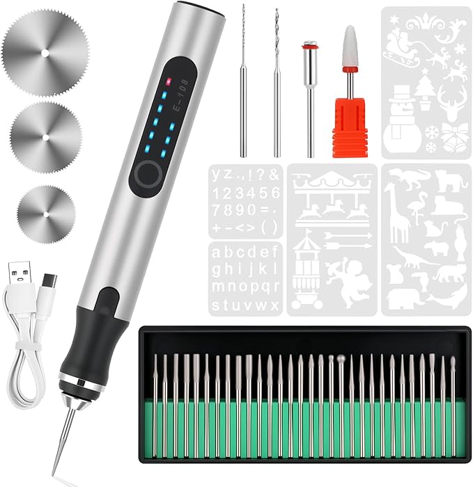 Electric Engraving Pen with 37 Bits, USB Rechargeable Cordless Etching Engraving Tool, Portable DIY Rotary Engraver for Jewelry Wood Glass Stone Carving (Silver)