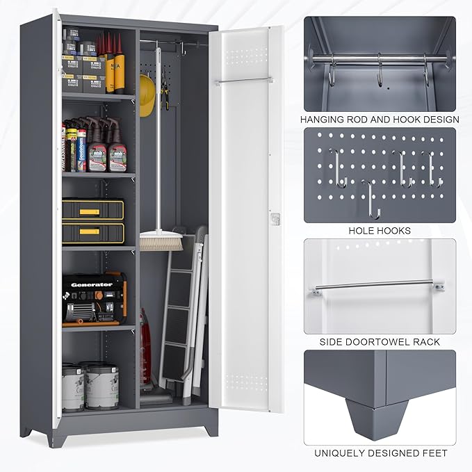 72.8" H Utility Closet Cabinet, Broom Closet Storage Cabinet with Locking Doors, Garage Tool Cabinets with Hanging Rod, Cleaning Storage Cabinets for Garage,Bedroom Office Grey&White