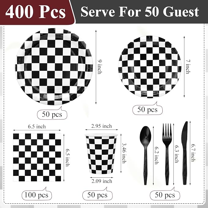 Pickmesh 400 Pcs Race Car Birthday Party Supplies Include Black White Checkered - Image 2