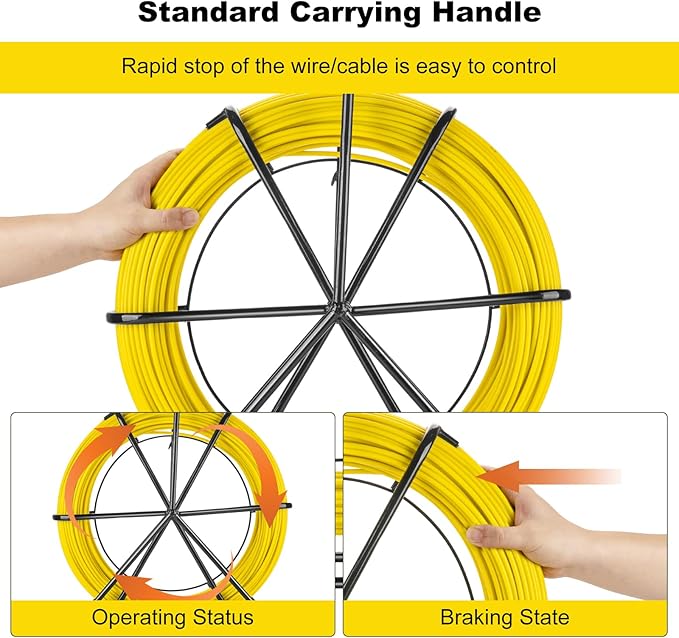 6MM x 656FT (200M) Fiberglass Fish Tape with Steel Reel Stand, Duct Rodder Cable Puller Tool for Electrical Wiring, Conduit, Wall Pipes