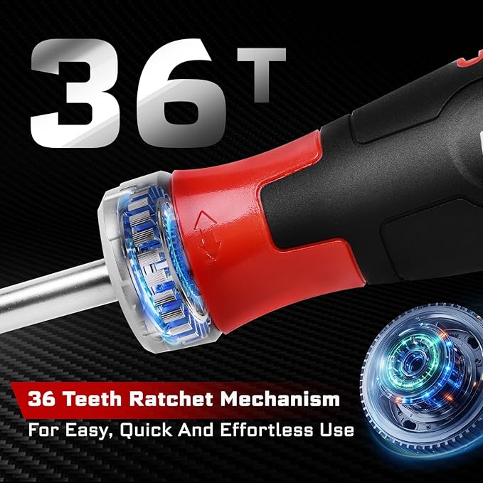 Ratcheting Screwdriver with Bit Storage Multi-bit Magnetic 1/4” Hex Shaft Screwdriver Handle for Phillips Flat Square Hex Screw Driver Repair Tool
