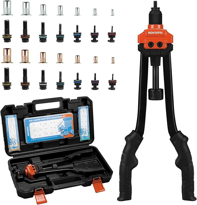 Rivet Nut Tool 16” RIV Nut Tool Kit with 15 Metric & SAE Mandrels, 182pcs Rivnuts Nutserts Kit and Rugged Carrying Case, One Rivnut Tool Kit Meet All Your Needs