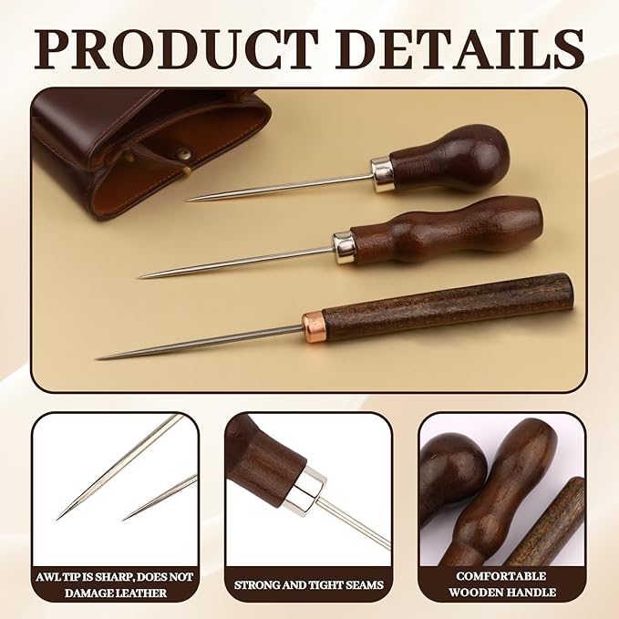 9 PCS Leather Awl Tool Set - Professional Punch & Stitching Awl Tool, Gourd Shape Handle Punch Tools, Scratch Awls Sewing Tool for Leathercraft, Shoe Repair, DIY Sewing & Woodworking