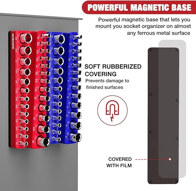 1/4 Inch Magnetic Socket Organizer, NOEAIKE 2-Pack Metric &SAE Socket Holder Set 1/4" Drive Socket Trays, Holds 52 Pcs Standard and Deep Size Sockets(Socket not Included)