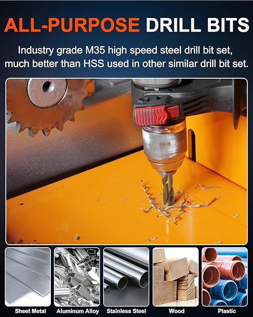 COMOWARE 115Pcs Drill Bit Set (1/16"-1/2"), M35 HSS Twist Drill Bits, Jobber Length, Straight Shank, Metal Drills bit Set for Steel, Stainless Steel/Iron/Wood/Plastic, with Metal Indexed Storage Case