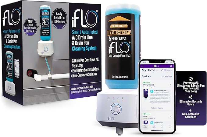 iFLO® Smart A/C Drain Line and Drain Pan Cleaner for HVAC System, Clog-Free, Easy Installation & App-Controlled Air Conditioner Maintenance, Includes 36oz Cleaner Cartridge Concentrate, 6 Month Supply