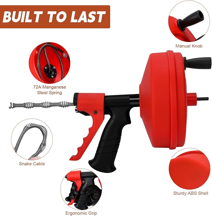 50 FT Double Mode Drain Snake Tools, 11-in-1 Drain Auger for Sink and Drain Unblocking, Plumbing Snake for Kitchen, Bathrom and Shower Sink, Snake for Real DYIs【Upgraded】