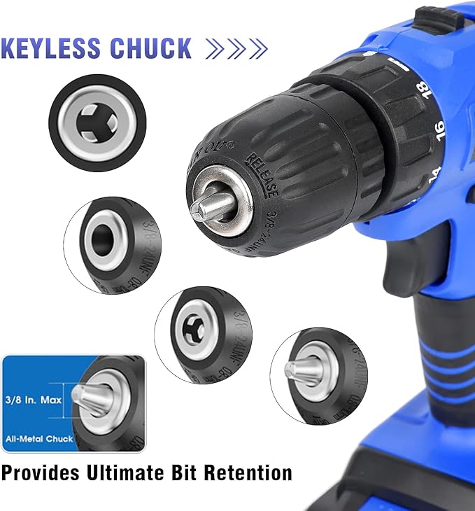 Jar-Owl 21V Cordless Drill, 350 in-lb Torque, 0-1350RMP Variable Speed, 10MM 3/8'' Keyless Chuck, 18+1 Clutch, 1.5Ah Li-Ion Battery & Charger for Home Tool Kit - Black & Blue