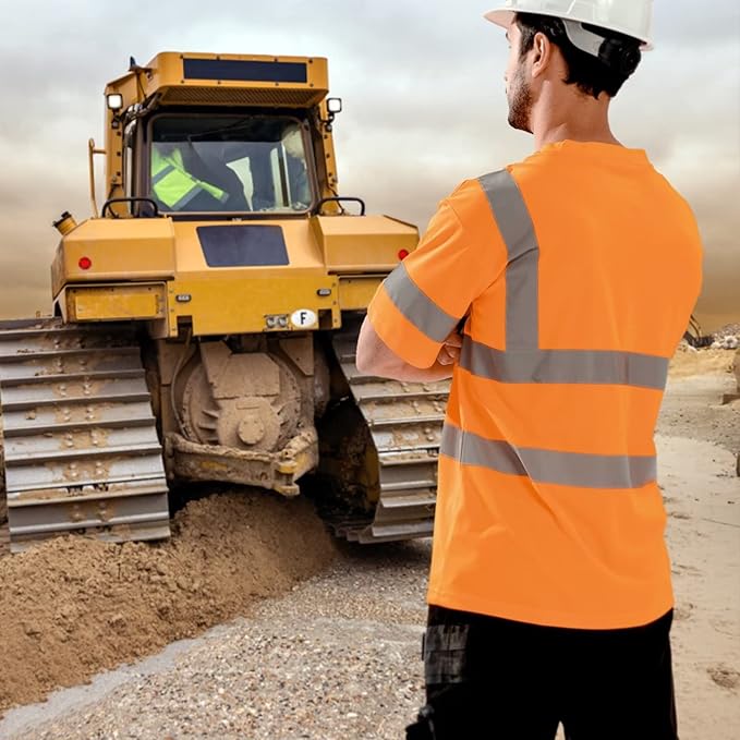 High Visibility Class 3 T Shirts，Hi Vis Safety Shirts with Reflective Strips and Pocket, Short Sleeve Quick Dry Mesh Construction Work Shirt for Men/Women Orange,3XL