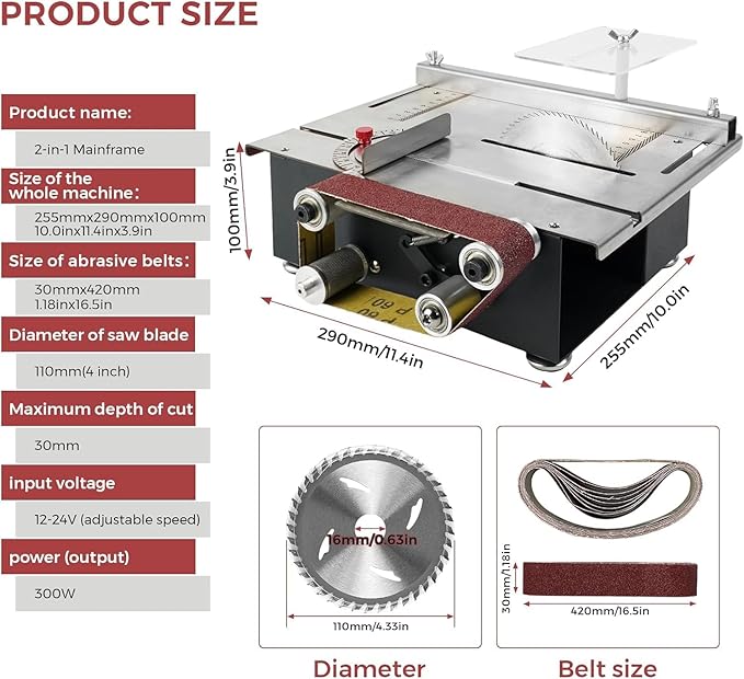 Mini Table Saw, 1.2x16.5in Multifunktional Small Table Saw With 10 Sanding Belts, 300W Dual Motor Control Belt Sander for Metal, Wood, Aluminum and Other Grinding and Cutting Tools