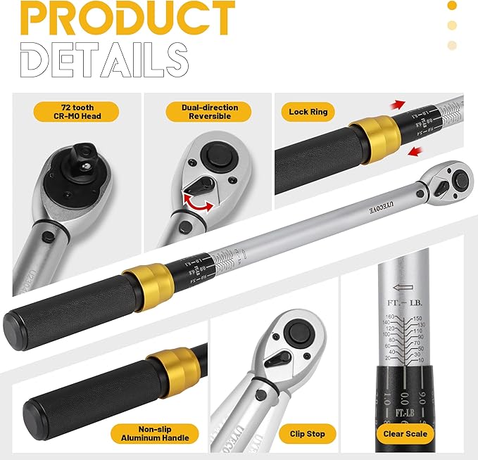 1/2-Inch Drive Click Torque Wrench Set, 10-160 FT-LB/13.6-217Nm Torque Wrench 1/2 Drive, 1/2 Torque Wrench Kit with Extension Bar & Socket Set- 8 PCS