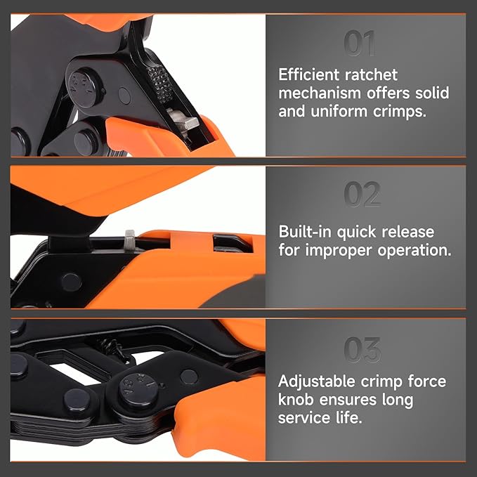 iCrimp Rachet Crimping Tool Set with Wire Stripper, Quick Change Jaws for Open Barrel Terminals, Insulated& Non-insulated Terminals, Solar Terminals, End Sleeves Ferrules- 8PCS included