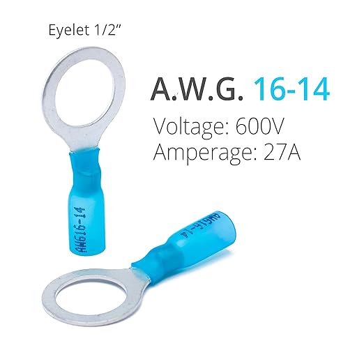 Wirefy 130 PCS Heat Shrink Ring Terminals 1/2" - a Resistant Ring Connectors - Eyelet Wire Connectors - Large Ring Terminals - Blue 16-14 AWG