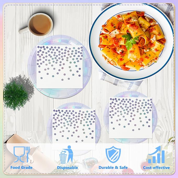 150 PCS Iridescent Party Supplies, Holographic Disposable Paper Plates Napkins - Image 3
