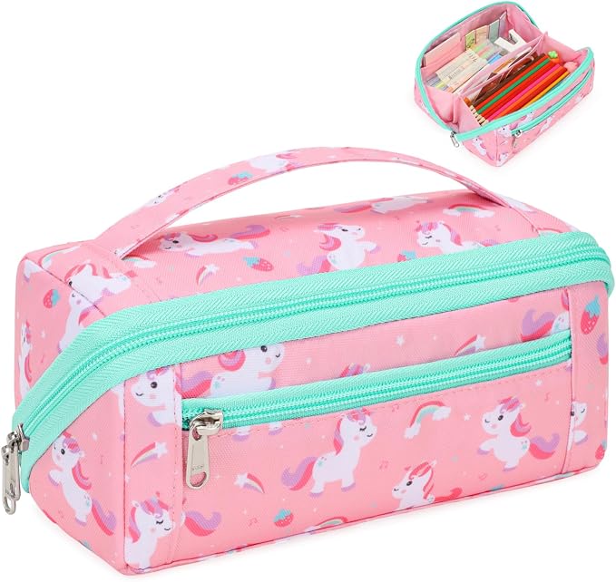 Large Pencil Case for Girls, Aesthetic Kids Pencil Pouch for School, Wide by BrainyBees