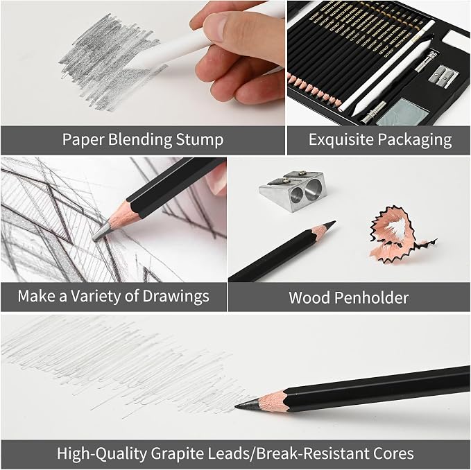 21pc Drawing Sketching Pencil Set Graphite 14B-5H & Charcoal Pencils | - Image 3