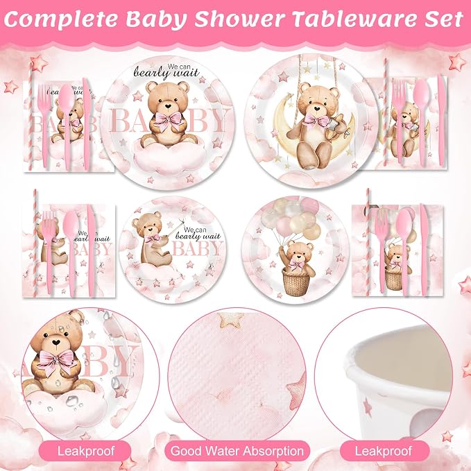 450 Pcs Pink Bear Baby Shower Tableware Set Decorations We Can Bearly Wait - Image 3