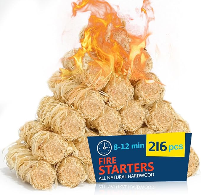 Fire Starter 216Pcs - Extra Long 12min Natural Fire Starters for Grill, Fireplace, Camping & Survival Kit | Waterproof, Odorless, Safe for BBQ/Pizza Oven/Chimney (Indoor & Outdoor)