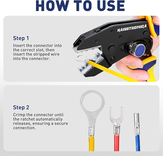 haisstronica Quick Change Jaws Crimping Tool for Non-Insulated Wire Connectors AWG 22-8 Ratcheting Wire Crimper & Terminals - H4