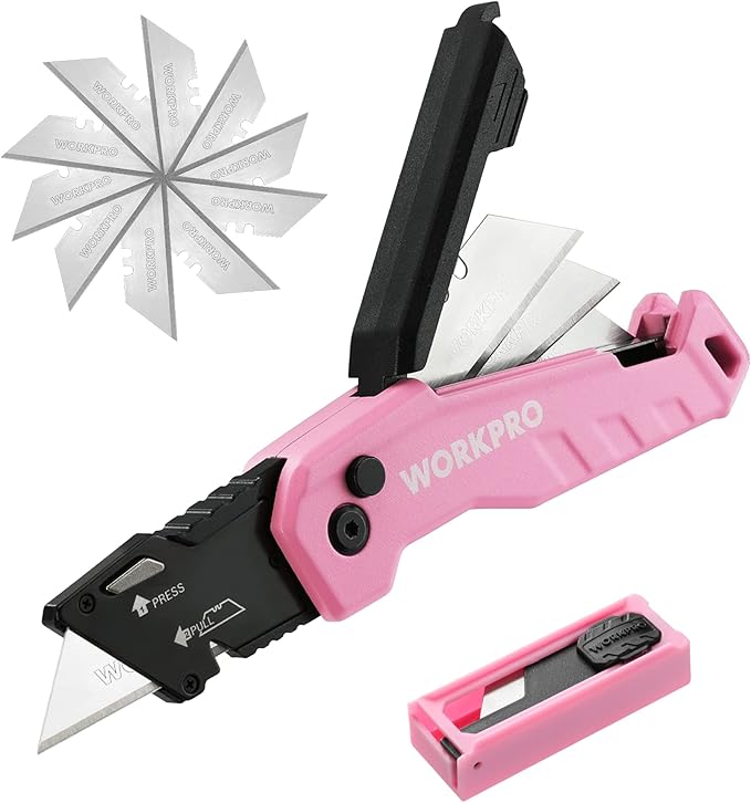 WORKPRO Folding Utility Knife, Quick Change Box Cutter, Razor Knife for Cartons, Cardboard, Boxes, Blade Storage in Aluminum Handle, 13 Extra Blades Included - Pink Ribbon