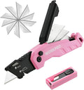 WORKPRO Folding Utility Knife, Quick Change Box Cutter, Razor Knife for Cartons, Cardboard, Boxes, Blade Storage in Aluminum Handle, 13 Extra Blades Included - Pink Ribbon