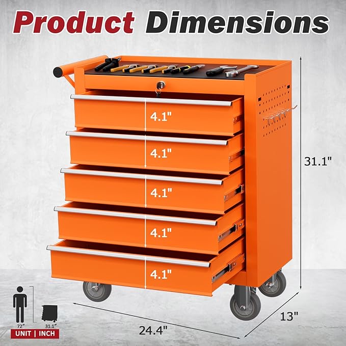 Rolling Tool Chest with Drawers, 5 Drawers Tool Chests & Cabinets, Metal Toolbox with Wheels, Lockable Storage Cabinet, Garage Tool Box with Drawers (Orange, 5 Drawers)