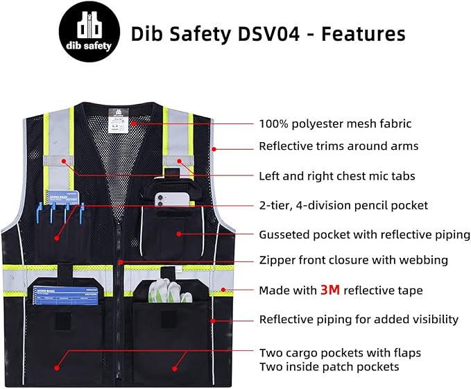 Dib Safety Vest Reflective Black Mesh, High Visibility Vest with Pockets and Zipper, Heavy Duty Vest Made with 3M Reflective Tape 4XL
