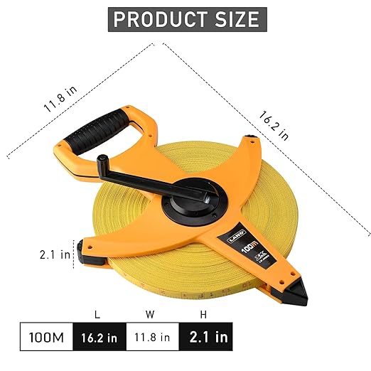 LAND 330FT/100M Heavy Duty Fiberglass Tape Measure - 1/2-Inch Wide, Dual Inch/Metric Scale, Durable Open Reel Measuring Tape for Surveying, Engineering, Runway Construction