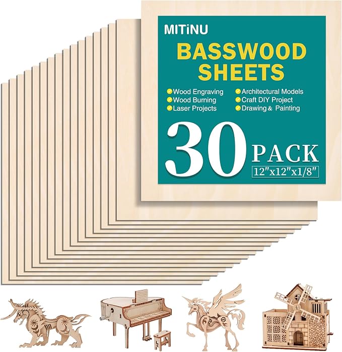 30 Pack Basswood Sheets for Crafts, Wood Burning, Architectural Models by MITINU