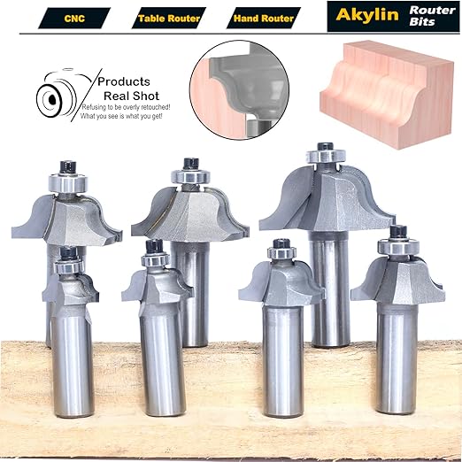 7Pcs Roman Ogee Router Bit Set,1/2" Shank,Decorative Edge Bits Double Radius 3/32", 1/8",5/32",3/16",7/32", 1/4" and,5/16" Edging Cutter for Wood Profiling,Routing,Molding