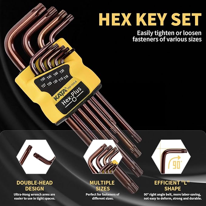 Torx Key Set Star Wrench S2 Steel T10–T50 – 9PCS Torx Allen Wrenches, Industrial Grade S2 Alloy, Long Arm, Bronze Finish, for Bike Repair, Machinery, Electronics, Garage Use