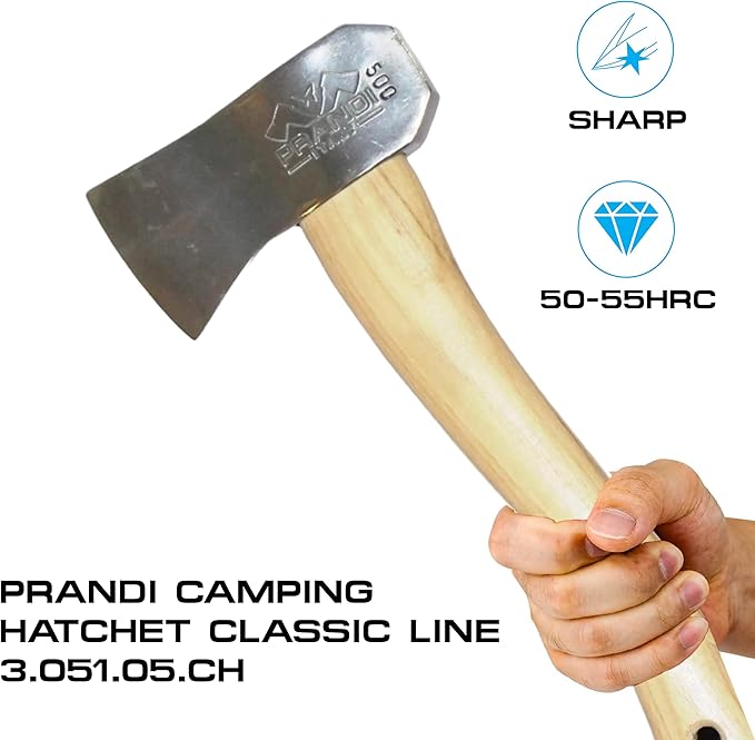 Prandi Axes Camping C45 Forged Carbon Steel Hatchet - Hickory Handle with Leather String - Ideal for Camping, Travel and Bushcraft - S/N 3.051.05.CH - 13" L x 5.22" W, 500g Polished Head, No Sheath