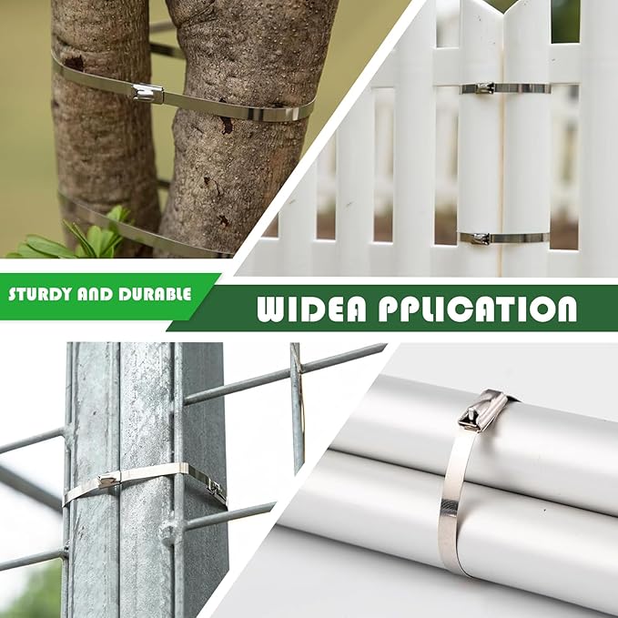 Metal cable tie gun set,contains 200 heavy-duty outdoor stainless steel cable ties,suitable for chain link fence components,wire mesh rolls,exhaust pipe winding,poultry fencing,boat construction,etc