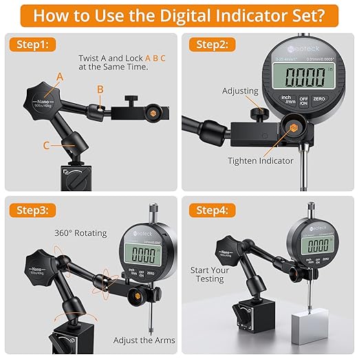 Neoteck 1"/25.4mm (0.0005"/0.01mm) Digital Indicator Set Dial Indicator and Magnetic Base Set with Storage Case, Ideal for 3D Printer Lathe Workshop CNC Machine Table Saw-90lbs(40kg) Max Pull-Black