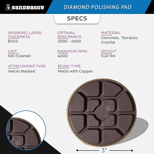 Sandbaggy 3" Metal Bond Diamond Polishing Pad - 100 Grit (8mm Thick) (4, 3-inch)