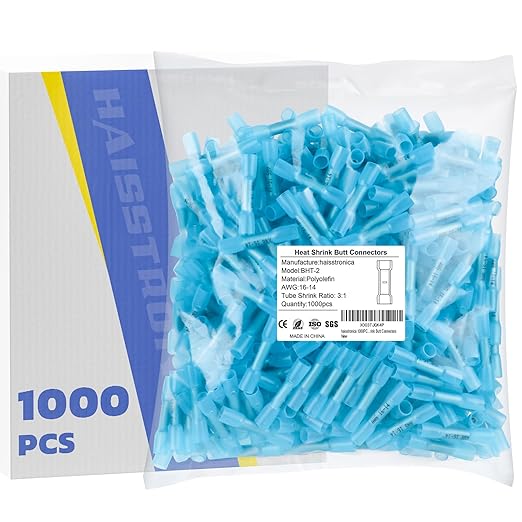 haisstronica 1000PCS 16-14 AWG Blue Heat Shrink Butt Connectors-Tinned Red Copper 0.8mm,Waterproof Insulated Crimp Butt Splice Electrical Connectors…