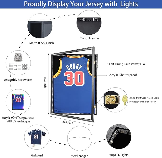 Jersey Frame Display Case with LED, Sports Jersey Frame Lockable Shadow Box - Image 2