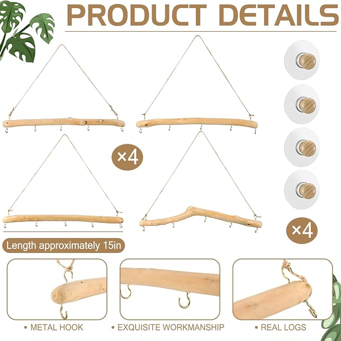 Chunful 4 Pcs 15 Inch Driftwood Wall Hanging Jewelry Hanger Rustic Wood Logs - Image 2