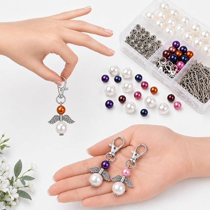 180Pcs DIY Angel Pendant Keychains Kit Includes Alloy Wing Spacer Imitated Bead - Image 5