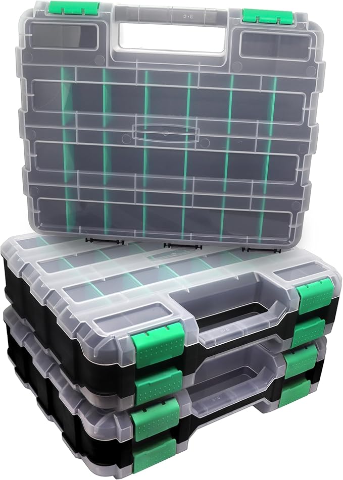 Double Side Tool Box Organizer, Hardware Storage Box, Portable Small Parts Organizer with Removable Plastic Dividers for Screws, Nuts, Nails, Bolts, Green