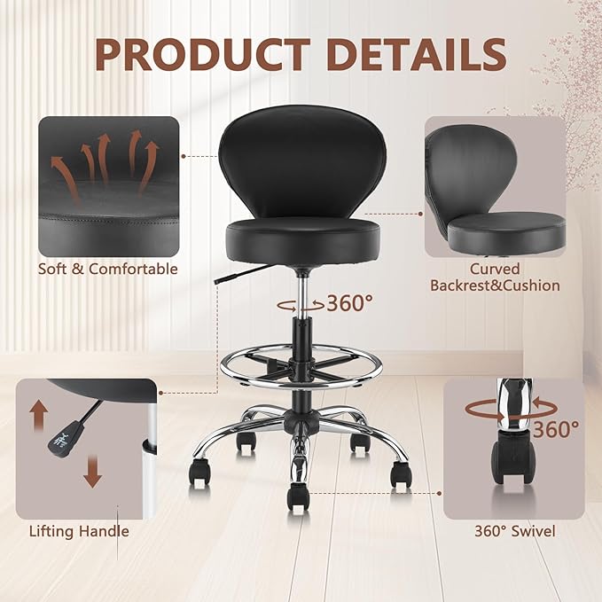 Black PVC Faux Leather Drafting Chair Set of 4 Rolling Swivel Salon Stool with Back Support Foot Rest Adjustable Hydraulic Seat Height for Massage Facial Spa Medical Drafting Tattoo Beauty