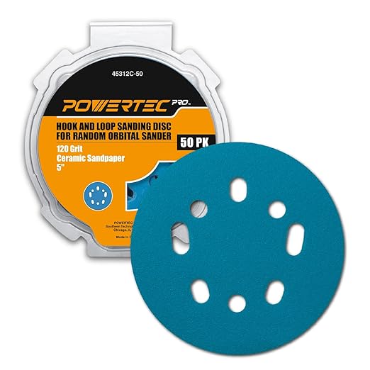 POWERTEC PRO 50PK, 5 Inch Sanding Discs Hook and Loop, 120 Grit, Ceramic Orbital Sander Sandpaper for 5 & 8 Hole Random Orbital Sanders - Automotive, Paint, Metal, Woodworking (45312C-50)