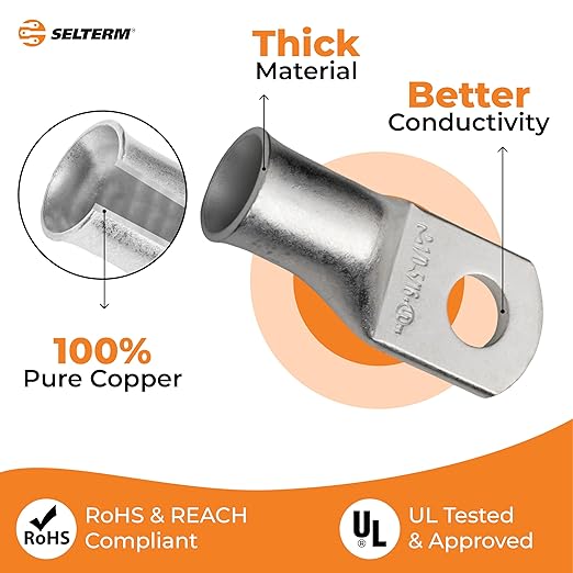 SELTERM 2pcs 1/0 AWG 5/16" Stud Tinned Copper Wire Lugs, Battery Lugs, Ring Terminals, Battery Cable Ends, 0 Gauge Ring Terminal Connectors, UL Marine Grade Electrical Battery Terminal Connectors