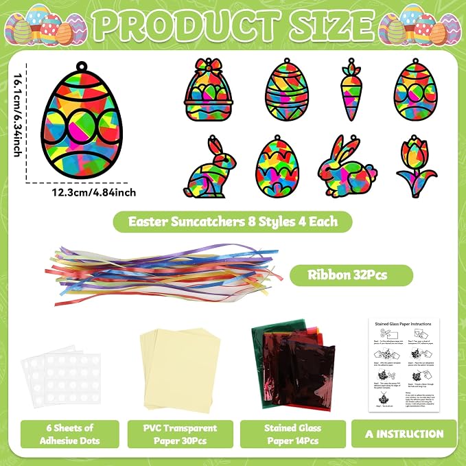 32 Sets Easter Suncatchers Craft Kit DIY Egg Basket Window Stained Glass Effect - Image 2