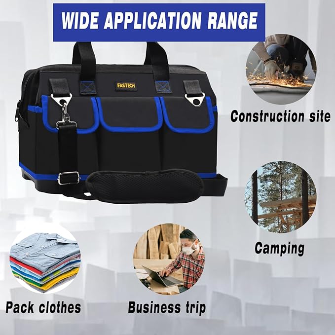 18 Inch Tool Bag, Waterproof Wide Mouth Tool Kit, Heavy Duty Tool Bag Organizer With Shoulder Straps, Tool Storage Package For Men/Women (Blue18IN)