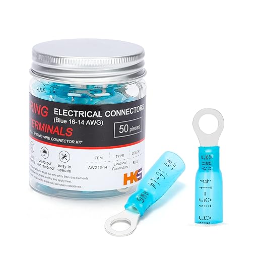 HKS 50 PCS Ring Terminals #10 Blue 16-14 AWG - M5 - Electrical Connectors - Heat Shrink Wire Connector Kit - Tinned Red Copper - Automotive Marine Ring Connectors - Waterproof and Insulated