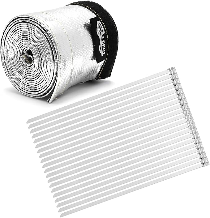 Heat Shroud Aluminized Sleeving Heat Shield Fuel line Wire Heat Sleeve 1" I.D. x 10FT with 20 Pcs 7.8Inch Stainless Steel Cable Metal Zip Ties