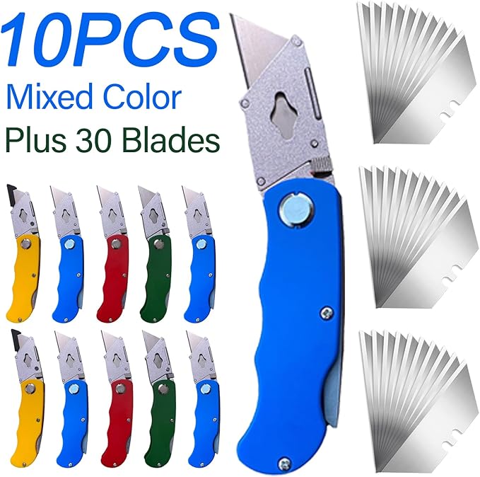 10Pcs Folding utility Knives & 30Pcs Blades Set for Crafts, Heavy Duty Retractable Box Cutters, Exacto Knife, Paper Cutter (Heavy Utility Knife)
